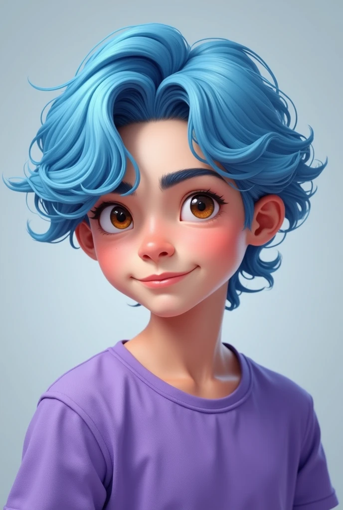 age boy with dyed light blue hair and brown eyes wearing purple shirt