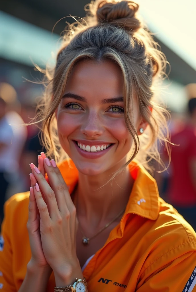 A beautiful 21 year old celebrity, Light brown bun hair, greeneyes, beautiful smiling, dimples and white skin cheering for a Formula 1 race