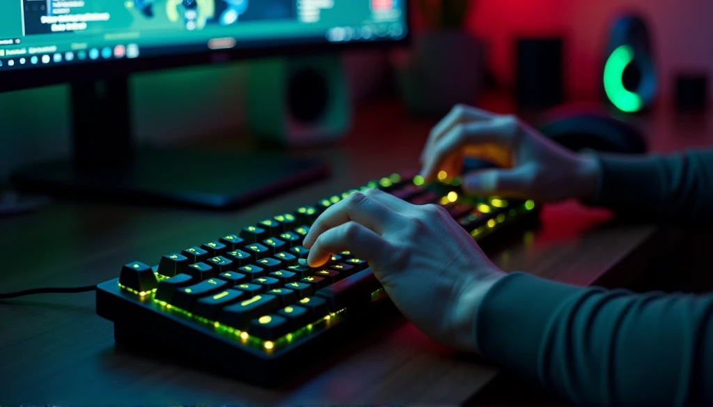 a gamer using his keyboard with green LEDs