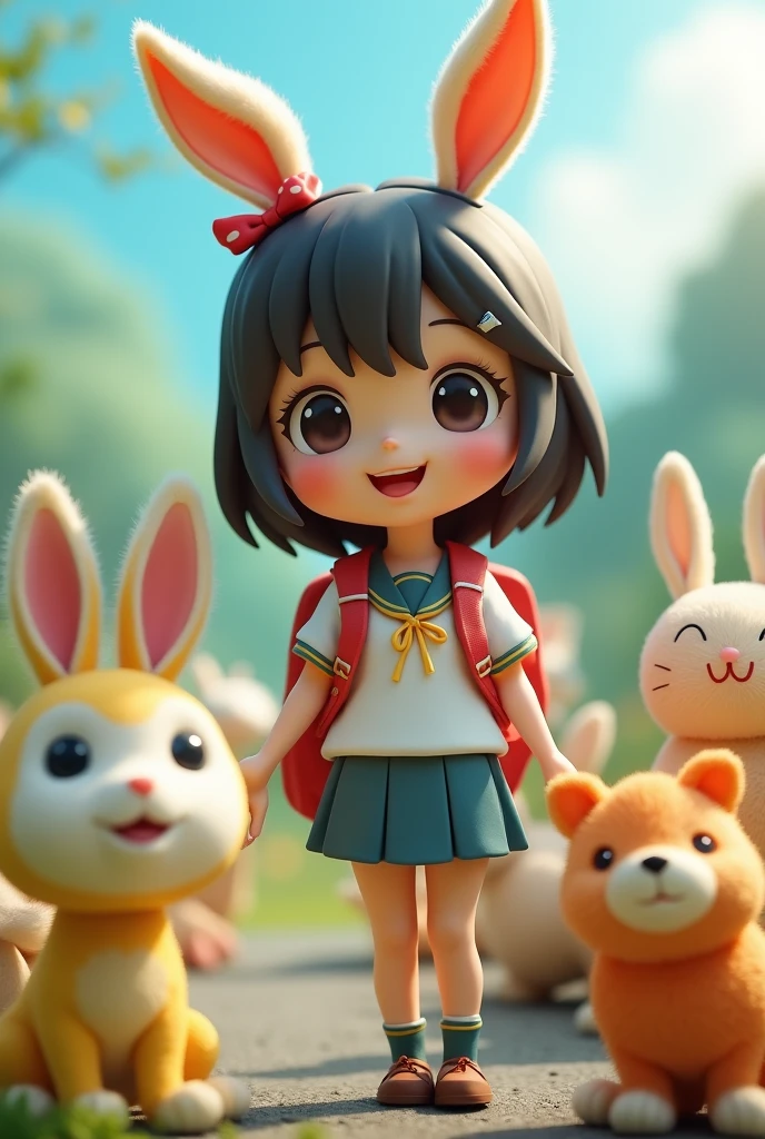 Anime figurine of a girl with a backpack and generative ai stuffed animals