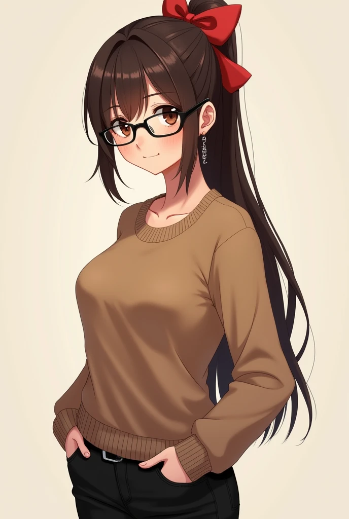 19 year old girl with long straight hair loose half ponytail hairstyle adorned with a red bow,side fringe,brown hair,dark brown eyes,Freckles on the cheeks,tanned skin, chubby cheeks,thin legs,medium large butt,small breasts,thick lips,small mouth,square face, Thin waist, rectangular black glasses wearing a brown sweater with black pants and black boots 
