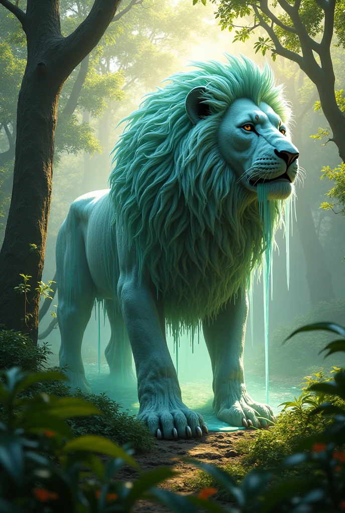 A Giant Mountain Of A Lion With Slime,In a Beautiful and Realistic Forest