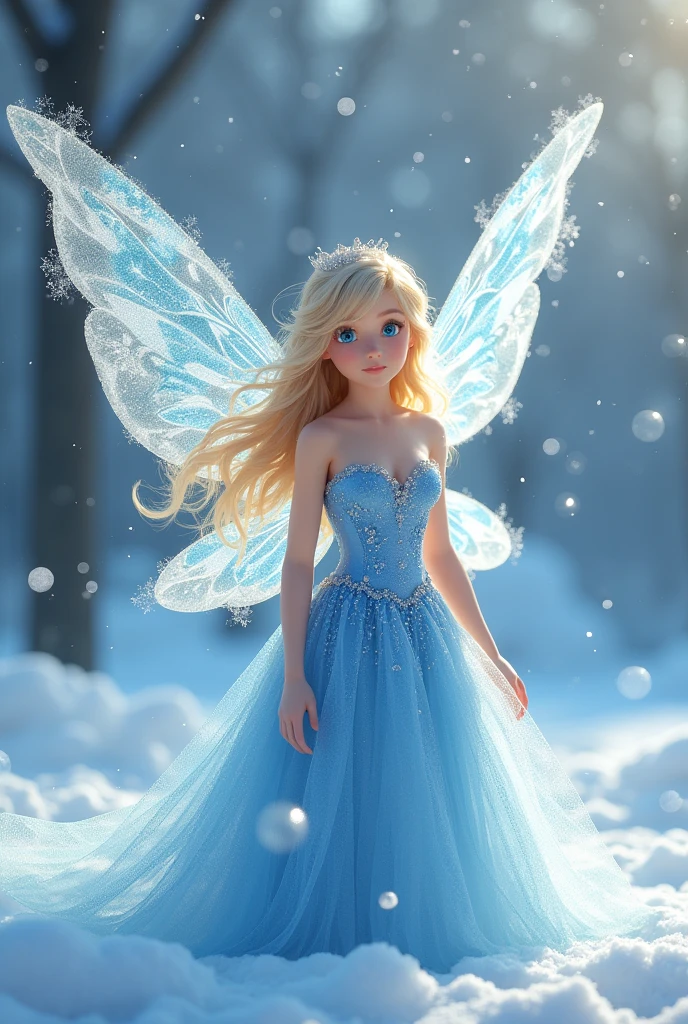 A fairy with blonde hair, blue eyes in a blue dress and sparkly wings surrounded by snow