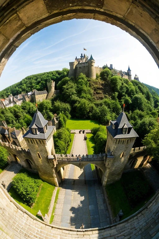 ((best quality)), ((masterpiece)), (detailed), perfect world,castle,Fisheye lens 50mm,city gate,drawbridge,Gatekeeper,cavalry,queue training,medieval england,castle town,Mountain々A city surrounded by