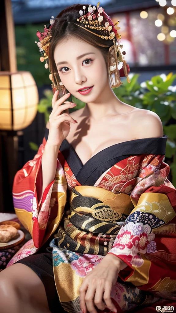 (8k、RAW Photosgraphy、Highest quality、masterpiece:1.2)、(Realistic、Realistic:1.37)、Ultra-high resolution、One Girl、cute、alone、night、Sitting、date、(Nose redness)、(Laughter:1.1)、(Closed)、Huge 、Beautiful Eyes、(short hair:1.2)、(((Fireworks bursting into the sky、night)))、(((kimono、yukata)))、Cleavage、Perfect body、Perfect Fingers、Professional Lighting、Japanese Goddess、gravure、Detailed face and skin texture、fine grain、RAW Photos.Oiran,sex appeal,Enchanting.Super Breasts