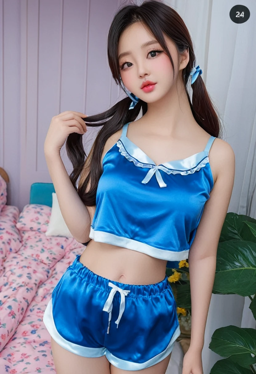 ((high quality:1.2)), work of art, (8k), extremely detailed, ((High detail:1.2)), ((best resolution:1.4)), Solo, 1girl, 24 years old Korean Ulzzang female, ((pajamas, pants, crop top)),
