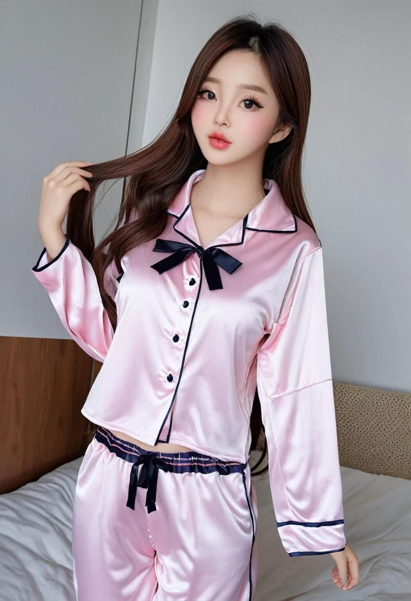 ((high quality:1.2)), work of art, (8k), extremely detailed, ((High detail:1.2)), ((best resolution:1.4)), Solo, 1girl, 24 years old Korean Ulzzang female, ((pajamas, pants, crop top)), 