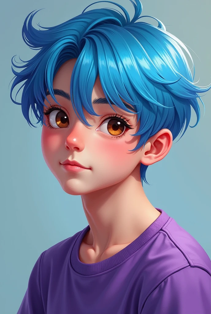 Teenage boy with dyed light blue hair and brown eyes wearing purple shirt