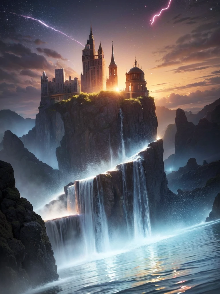 (8k, highest quality, masterpiece, final fantasy style: 1.2), (unRealistic, photoRealistic: 1.37), Dreamy landscape, Fantasy, Unsurreal landscapes, Super detailed, Flying Castle, Floating Island in the Sky, Seven-colored swirl of light, Intense lightning, milky way, Complex Light, Colored light, Large Lake, Starry sky reflected on the lake surface, Countless shining stars, Meteors,  Reflections , (A pillar of light emanated from the ground:1,2),heavenly roses and orchids gardens on the ground , sunset, pink clouds, waterfall in the sky, realistic style, Hyperrealism drawing, a flying pirate spaceship floating at the clouds level, burning skyscrapers, cyborgs, timeless realms, stunning  princess  , floating hair, pink lipstick, cute, naked shoulders ,  circlet, sideless, backless, white mage robe, white leotard, pelvic curtain, leaning forward, casting spell, healing light magic effect, in a magical lagoon of the fairyland, crystal clear water surface reflections, sharp focus, looking at viewer, (close-up:0.9), (bright white theme:1.2), (bright white tone:1.2), (deep blue tone:1.3), realistic, Hyperrealism,