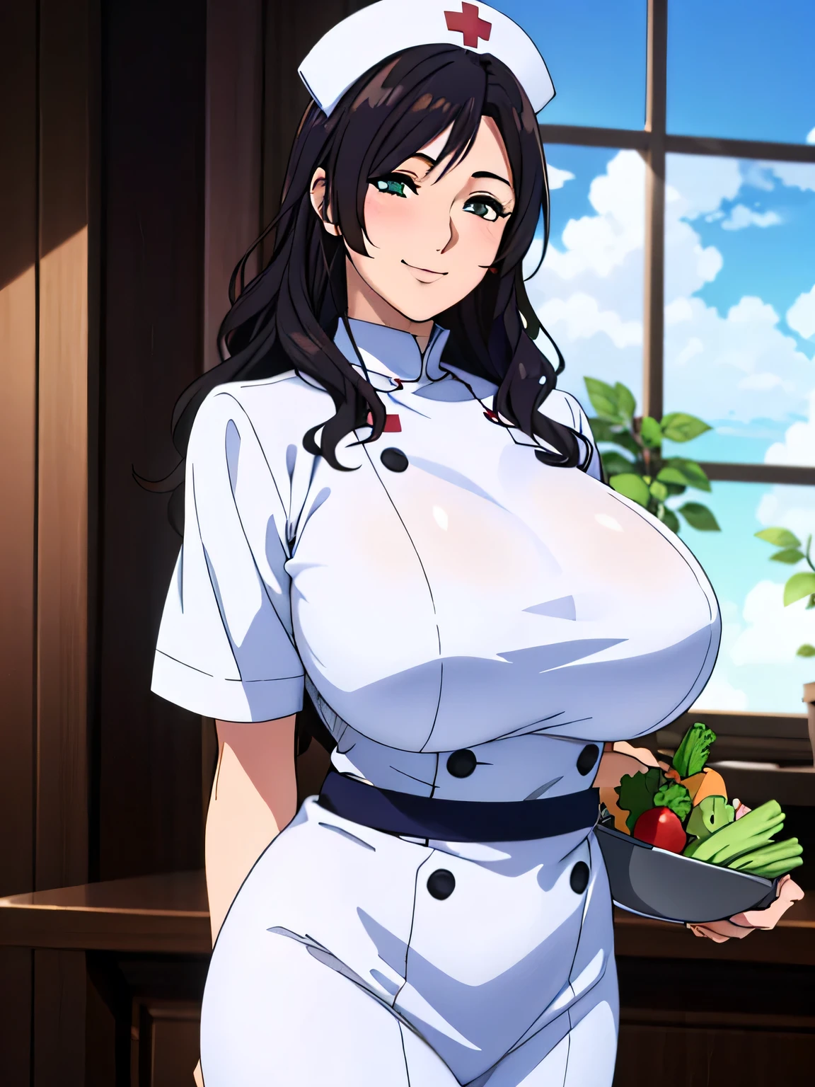 white nurse outfit, white nurse hat, Nursing room background, vegetable, anime sky style, best qualityer, high resolution, 1 girl, (Breasts huge:1.2), beautiful  face, Bblack hair, Wavy hair, long hair, eyes black, cowboy shot, smiling, blushful