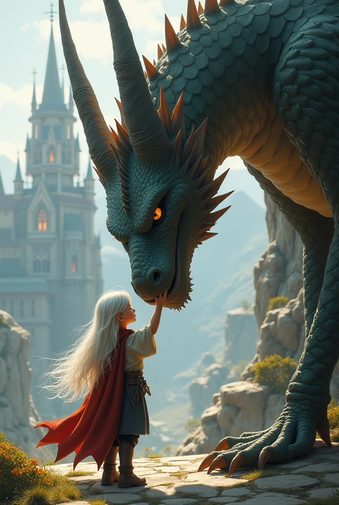 Long white haired boy with an eye patch, petting his giant medieval dragon