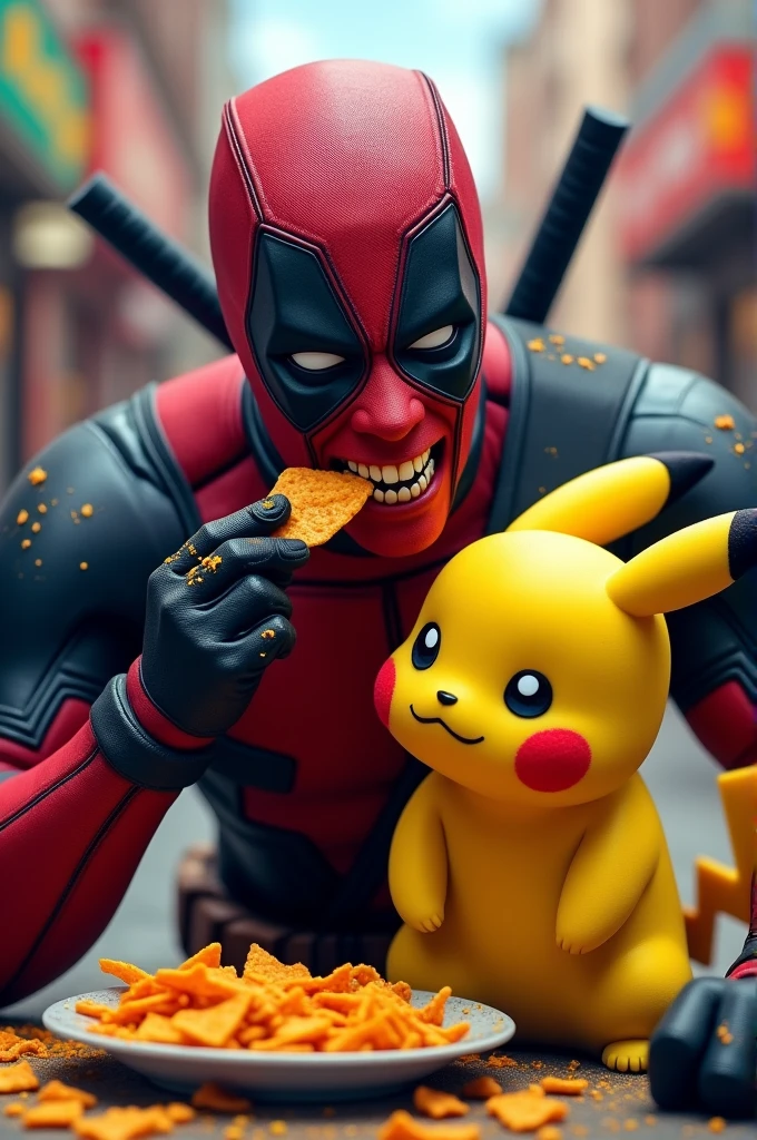 Deadpool eating Doritos with Pikachu