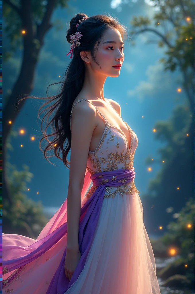 full lenght hiper 4k Think of it as a movie poster for In the Wind of Flowers. The full-body image has the main character as a beautiful, sweet-looking young woman, wearing a sparkling white and pink Dusit Thai dress, a purple and gold sarong, long black hair, loosely tied up, pinned with a small hairpin floating in the back, light from the stars, a beautiful, realistic scene of a mysterious jungle, sparkling light, 3D image, oil painting, sharp image