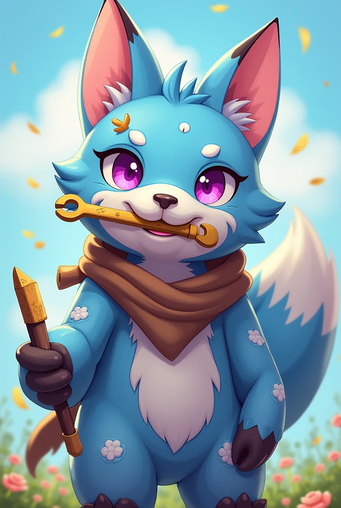 A 7”0 two tailed fox hybrid with a blue sugar from gorilla tag a cookie jar on my mouth from gorilla tag a brown scarf from gorilla tag a stick on my arm from gorilla tag a golden wrench on my arm from gorilla tag and purple eyes very shy anime