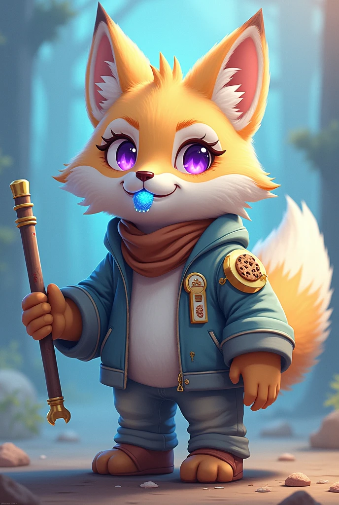 A 7”0 two tailed fox hybrid with a blue sugar from gorilla tag a cookie jar on my mouth from gorilla tag a brown scarf from gorilla tag a stick on my arm from gorilla tag a golden wrench on my arm from gorilla tag and purple eyes very shy anime