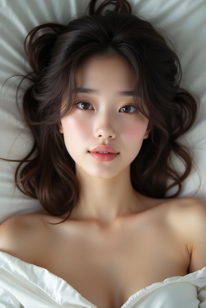 finely, High resolution, high quality、Perfect dynamic composition, Beautiful and beautiful eyes, Medium Hair, 、Natural color lip,Kamimei、Bed Background、20-year-old girl、1 person、Clear Skin、Shiny Hair、Tabletop, 最high quality, Very detailed, finely, High resolution, 8k、The correct state of the human body、whole body、From head to thighs、Cleavage,((Sleeping on your back、Top view angle))