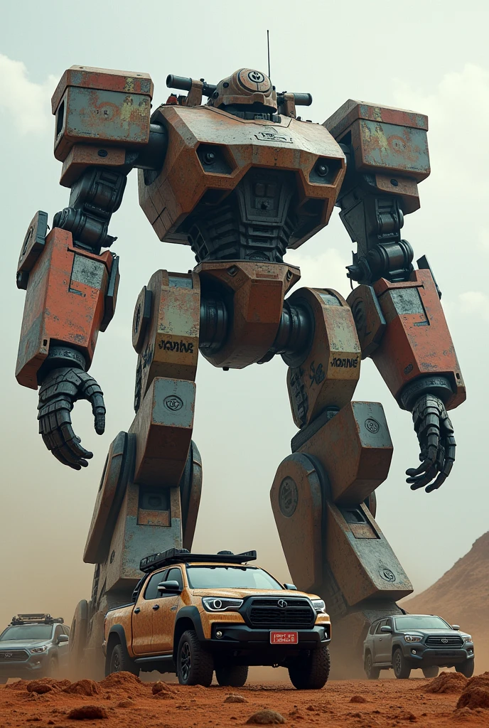 Create a robot, Toyota brand, that is intimidating and huge, and in the background there are cars of inferior brands, and that it is Hilux style