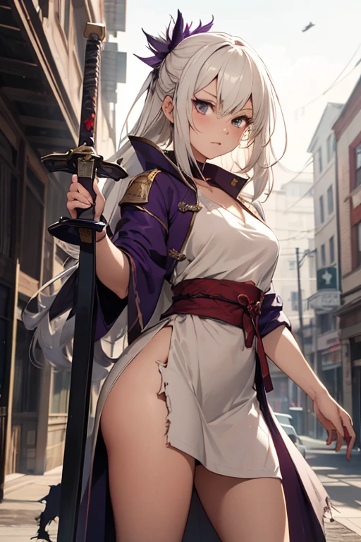 Create an image in the style of a typical anime episode animation of the following prompt:

Extraordinarily beautiful 19 year old adult-ish looking woman. Silky simplistic white hair, semi-long. Narrow purple eyes with a determined look. A beige, very worn and torn down short but cute dress that shows how poor the woman is. 

She strikes a combat ready samurai stance with her fantasy sword ready to slice. And she is holding a fantasy sword