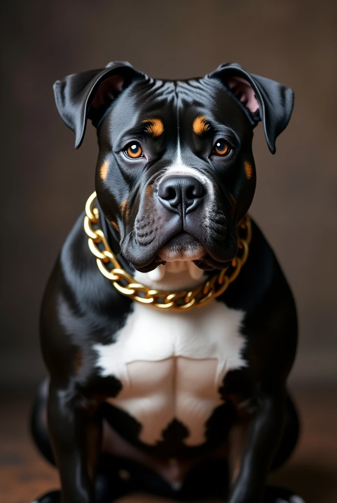 American Bully dog, black, white chest, with two mustard-colored spots above his eyes, small ears, he has a gold chain collar, honey-colored eyes, his face is too cute, his nails are black.