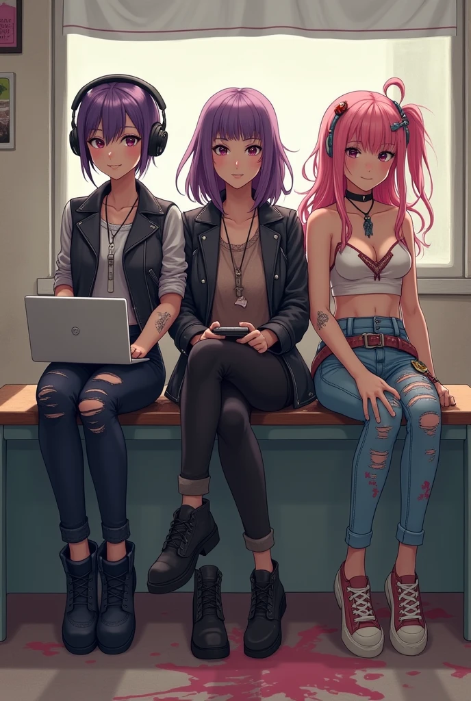 Three girls sitting on a long chair in an office, one with short hair headphones, with purple locks who has a laptop, the other with a leather jacket, Long hair , with very tight black pants, On his neck he seemed to be wearing a , because it was covered with a lock of her hair, The third had pink hair, Her hair was long and wavy, her jeans looked like they had been splashed with different types of paint all over them, and her sleeveless blouse showed that her arms had small tattoos.