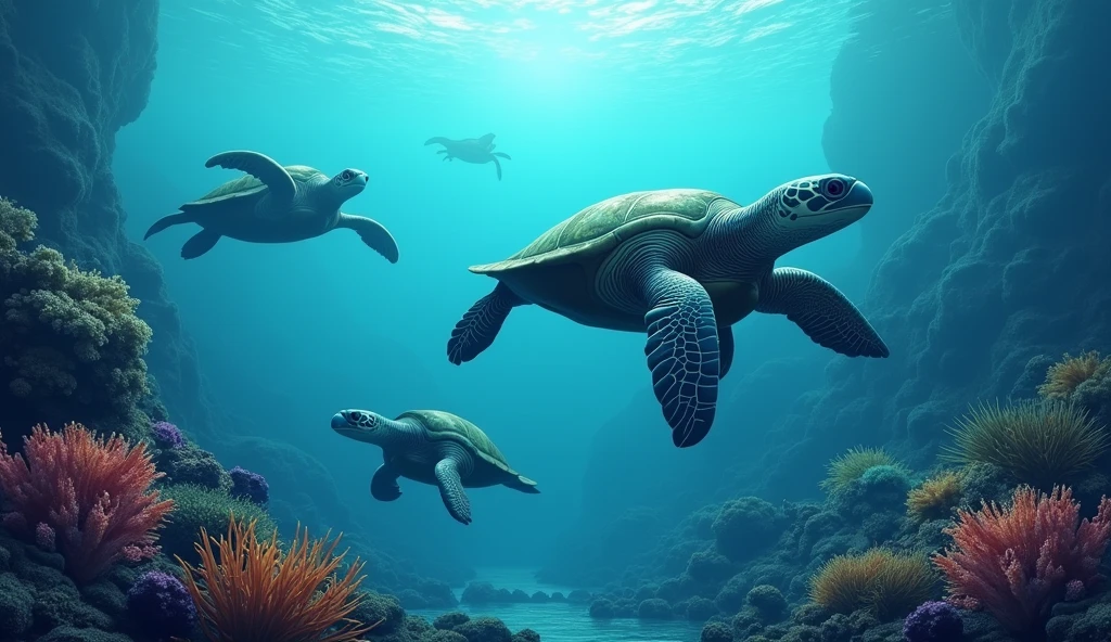 Depict several turtles swimming slowly and majestically through the deep ocean. Their large, gentle forms should glide gracefully among the vibrant coral reefs and sea plants. Use muted, serene colors for the turtles, and emphasize their steady, calm movement to highlight their peaceful nature.