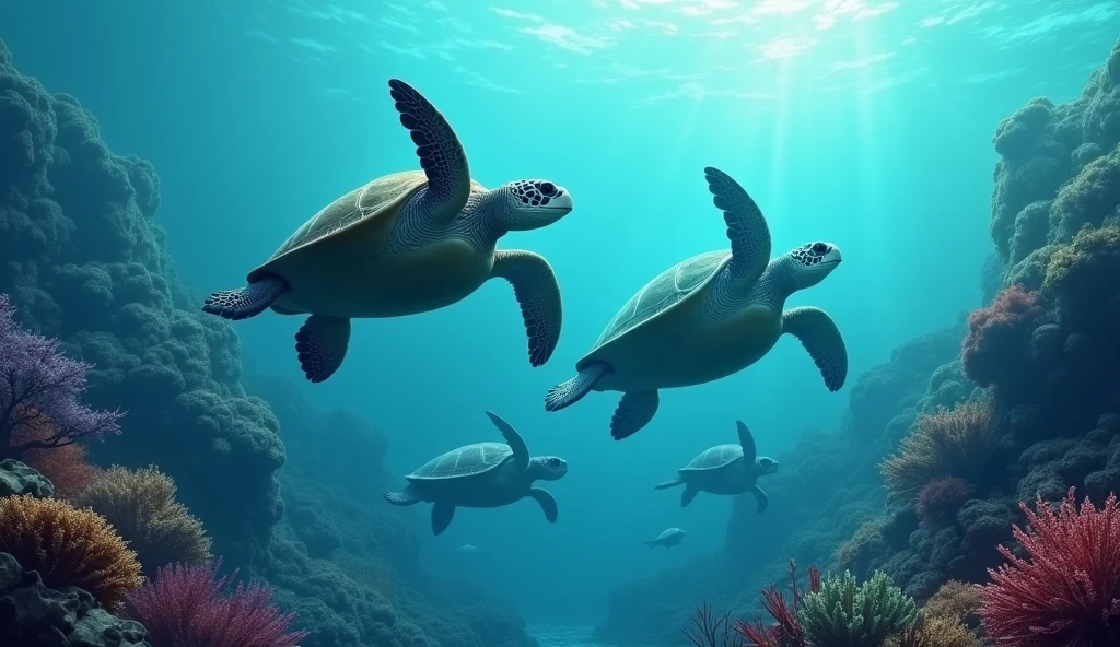 Depict several turtles swimming slowly and majestically through the deep ocean. Their large, gentle forms should glide gracefully among the vibrant coral reefs and sea plants. Use muted, serene colors for the turtles, and emphasize their steady, calm movement to highlight their peaceful nature.