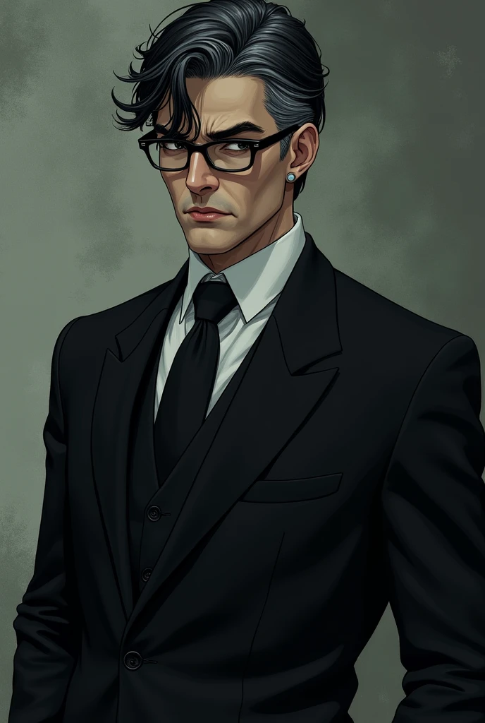 A men in his thirties, with middle part peppered hair, stoic and cold face, pairs of glasses and black eyes, in a beautiful suit, like a yaoi manhwa character 