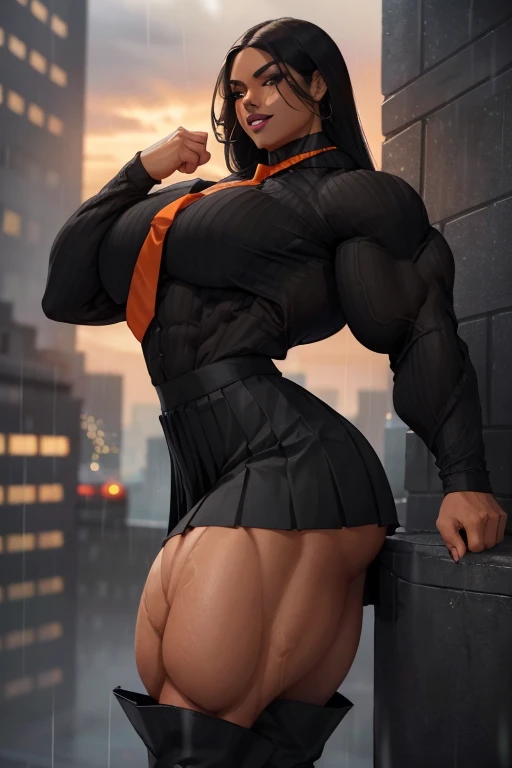 ((Close-up)), tall, (black hair) beautiful muscular woman, long straight hair, light brown skinned, closed smile, (black lipstick), (massive muscles), (hyper muscle), (ginormous bulky muscles), orange  eyes, ((long sleeve black pleated shirt)), ((long black pleated skirt)), (sensual pose), necktie, boots, (on a raining rooftop), 