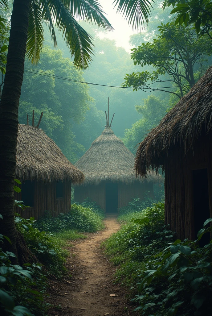 A remote and isolated village deep in the jungle, surrounded by thick vegetation, with simple thatched huts, tribal symbols on display, and a somber, eerie atmosphere, hinting at the tribe's violent nature.
