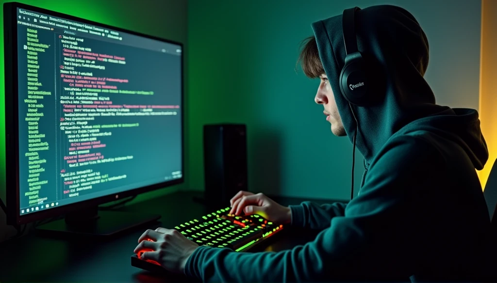 a gamer using hoodie with his keyboard with green LEDs showing WaSender on the screen