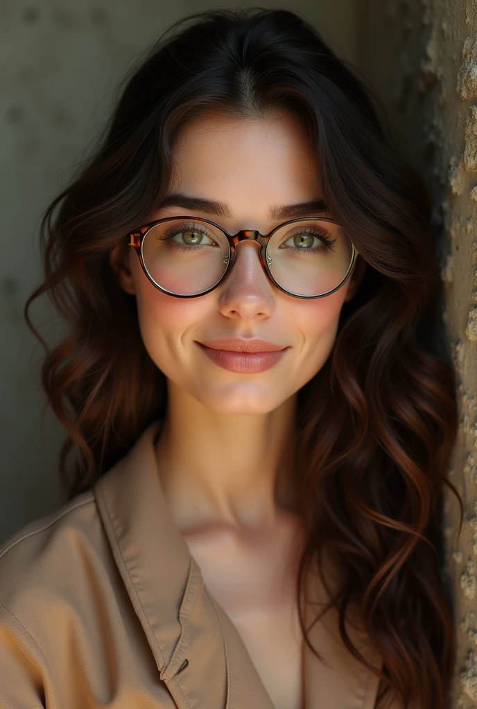 Beautiful young fair-skinned woman with dark brown wavy hair wearing glasses and slightly overweight