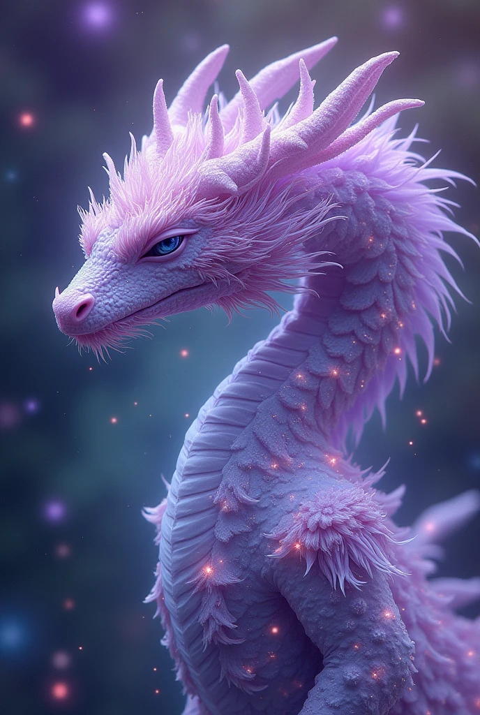 Digital art by IrinaKapi. Stardust and silver purple flower dragon and white sakura, fantastic galactic world, gas aura, galactic atmosphere, female character, radiance and shine of stars, luminescence, fairy-tale atmosphere, surrealism, abstraction, masterpiece, best quality. by Natalia Rak and Natalie Shaw.