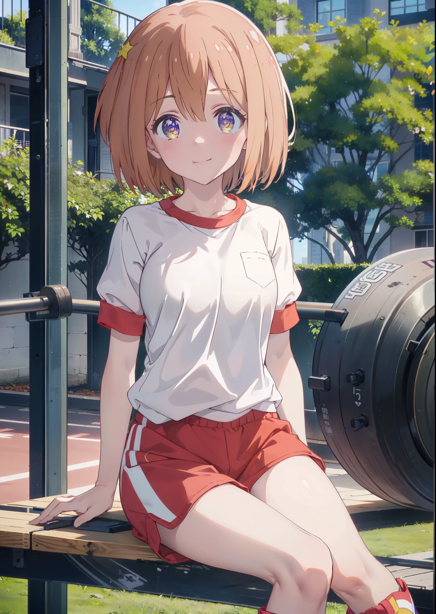 Mira Konohata, Check it out, short hair, bangs, orange hair, (Purple eyes:1.2),(Gym clothes with short sleeves:1.5), Gymnastics, (Girl wearing gym clothes), (Girl in gym clothes), Sportswear, blue_Shorts, White knee-high socks,sit down,sitting,White_sneakers, White_sports boots,Daytime,Clear skies,Palm tree,Walking,smile,Close your mouth,blush,whole bodyがイラストに入るように,
BREAK outdoors, tropical,Tropical,Coastal Road,
BREAK looking at viewer, whole body,
BREAK (masterpiece:1.2), Highest quality, High resolution, unity 8k wallpaper, (figure:0.8), (Beautiful attention to detail:1.6), Highly detailed face, Perfect lighting, Highly detailed CG, (Perfect hands, Perfect Anatomy),