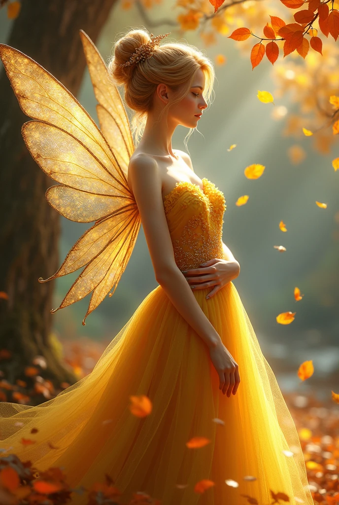 A queen fairy with strawberry blonde hair in a bun, in a yellow dress and sparkly wings surrounded autumn leaves