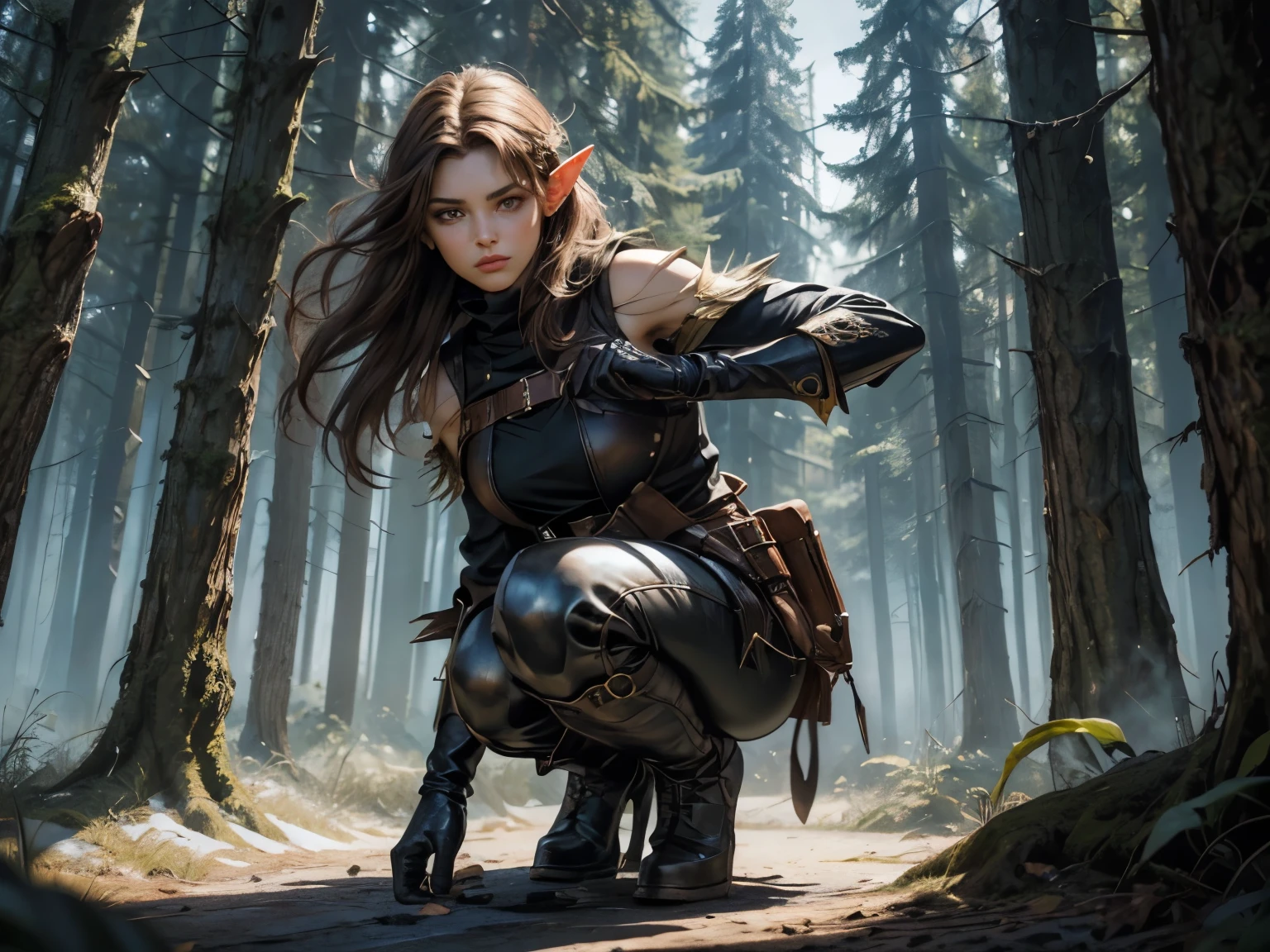 ((Medieval fantasy setting)). Tags: super detail, high details, high quality, best quality, highres, 4K, portret, detailed face, face fix, 1girl 
"Echo is a 22-year-old half-elf. She has light brown skin. Thick light chestnut hair with caramel highlights and soft waves. Brown eyes with green hues. Her beautiful face is oval with soft features and pronounced cheekbones. She has full and attractive lips with a natural blush. A slight scar over her right eyebrow. Her ears are small like a human's but pointed like an elf's. Her physique is athletic and slim, she toned and flexible. She has a round and elastic body shapes."
Clothing.
Vest: A dark brown leather vest with metal plates on the shoulders and chest. The vest has special straps to adjust the fit on the waist. Light and does not constrain movements, but protects well against blows and arrows.
Pants: Black leather pants with reinforced knees and hips. On the sides - inserts made of durable material that provide additional protection without losing flexibility. There are hidden pockets for throwing knives.
Gloves: Lightweight black leather gloves with metal inserts on the fingers and knuckles. Protects the hands, leaving the fingers flexible enough to manipulate the weapon.
Boots: Dark brown knee-high leather boots with soft fabric lining. There are metal inserts on the heels and toes, hidden daggers in the compartments on the inside.
Background: An ominous fog in a dark forest.