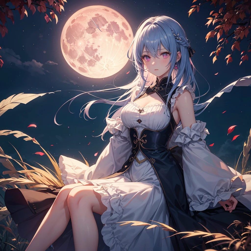 (Sky blue medium hair), (Pink eyes),(Fair skin) ,(whole body),(One Girl),(harvest moon),(A large amount of Miscanthus sinensis in the background),autumn,(full moon),(masterpiece, Highest quality, Very detailed, Best Shadow), (Detailed Background), (Beautifully detailed face), High Contrast, (Best lighting, Very delicate and beautiful), ((Cinematic Light)), Hyper Detail,8k, Dramatic Light, Intricate details