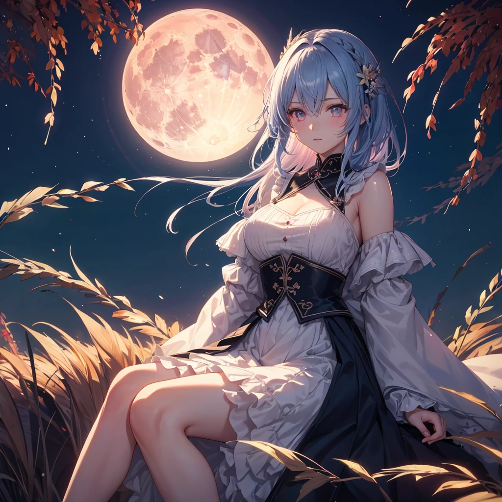 (Sky blue medium hair), (Pink eyes),(Fair skin) ,(whole body),(One Girl),(harvest moon),(A large amount of Miscanthus sinensis in the background),autumn,(full moon),(masterpiece, Highest quality, Very detailed, Best Shadow), (Detailed Background), (Beautifully detailed face), High Contrast, (Best lighting, Very delicate and beautiful), ((Cinematic Light)), Hyper Detail,8k, Dramatic Light, Intricate details