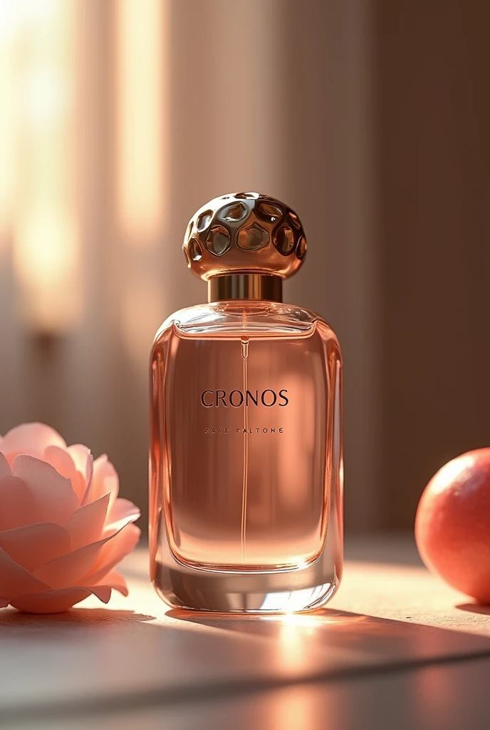 a realistic perfume bottle with Cronos logo with a unique design in several different positions and angles as if it were in a magazine. create a background scenario.