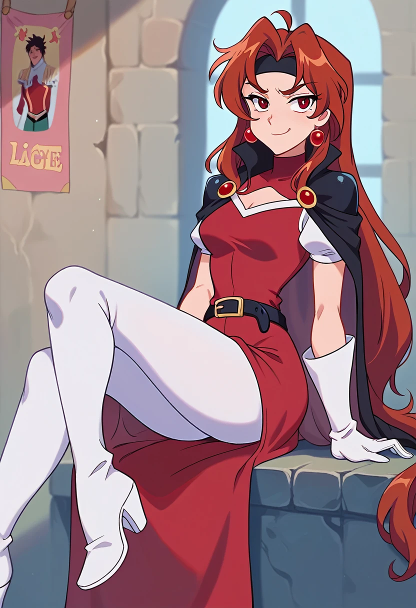 Lina Inverse from Slayers. She is a pretty medieval **** girl sorceress (************). smug smile, frown. she is short & thin (5 feet tall). red eyes, pale skin, very long messy brown reddish hair. She wears red tight sleevless tunic, red tight pants, black headband with white runes on his forehead. Black belt with a rubie. She wears a black cape with medieval knight shoulder pads inlaid with rubies. White boots and white gloves. she have a short gladius sword. Epic movie poster art style.