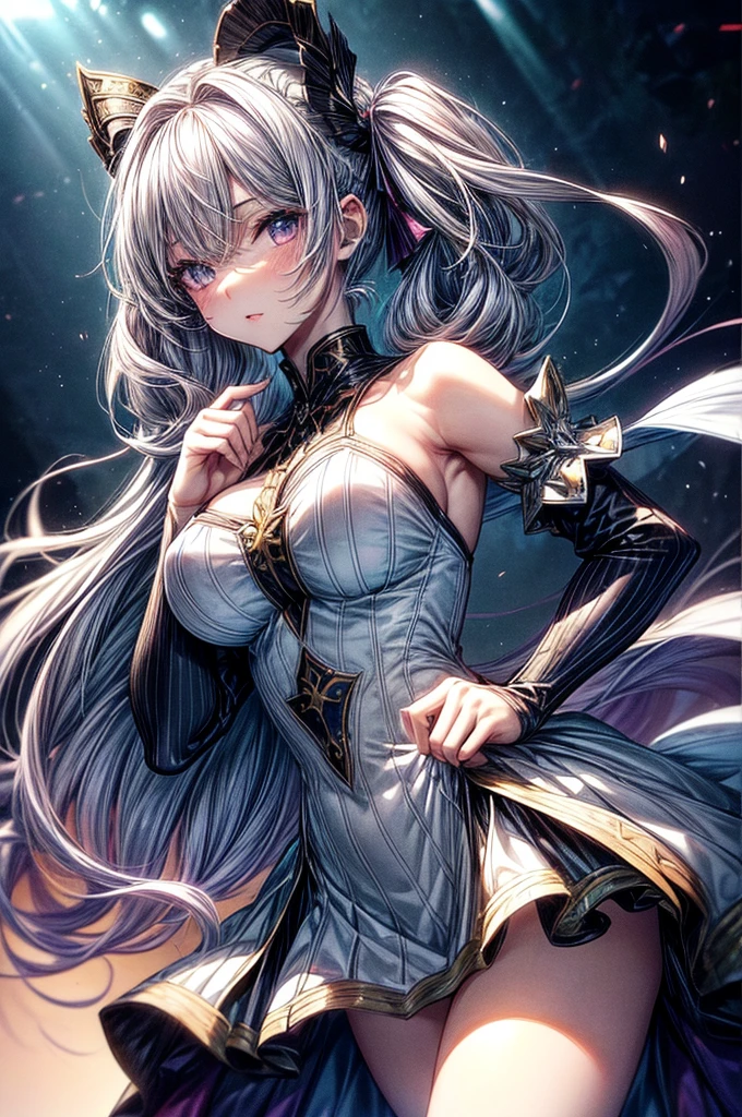 ((best quality)), ((masterpiece)), (detailed), beautiful young woman, royal and well defined facial features, alabaster white skin, oval shaped face, full size starry pink lips, starry pupiled eyes( 8 pointed star pupils), sleek and wavy two tone astral colored hair(light sea blue), twintails, slim thick, athletic build, D-cup breasts, slim waist, large round ass, curvy body, short height(165cm), modern royal fantasy setting, elegant battle dress
