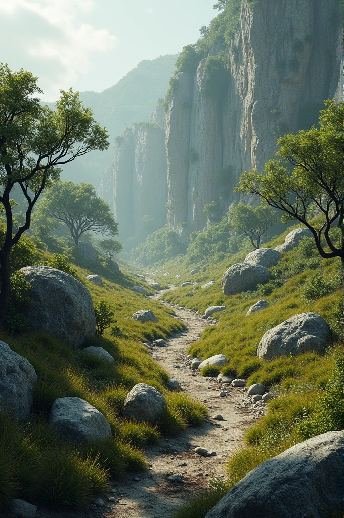 Large plot of land with weeds and small trees and stones