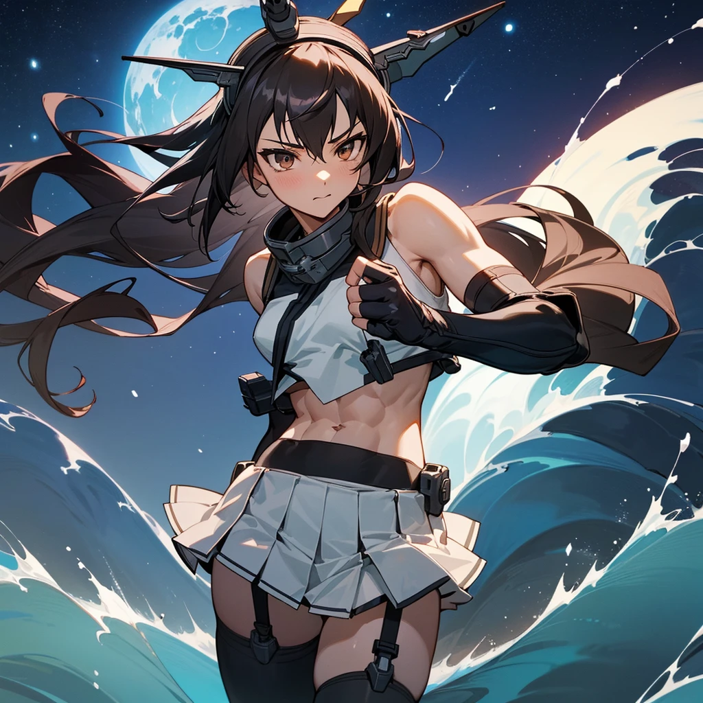 hyper detailed, perfect anatomy, best quality, extremely delicate, extremely detailed, cool,1 girl, Nagato(kancolle), long hair, headgear, dark hair, hairband, collar, bare shoulders, crop top, elbow gloves, fingerless gloves, black gloves, midriff, pleated skirt, white skirt, garter straps, thighhighs, muscle, muscular abs, six pads, with a black cat, night sky, stars, milkyway, sea, wave,
