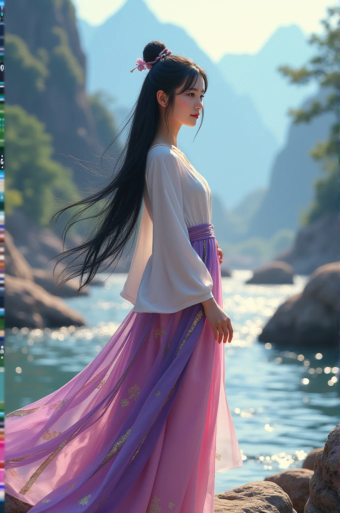 full lenght hiper 4k Think of it as a movie poster for In the Wind of Flowers. The full-body image has the main character as a beautiful, sweet-looking young woman, wearing a sparkling white and pink Dusit Thai dress, a purple and gold sarong, long black hair, loosely tied up, pinned with a small hairpin floating in the background. The scene is of rocks by the big river, beautiful mountains, realistic and beautiful, with mystery, shimmering light. Three-dimensional image, oil painting, sharp image.