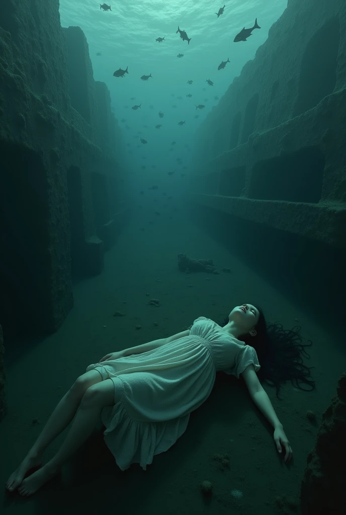 Photo of a girl that drowned in dark sea and her back touches the floor of sea