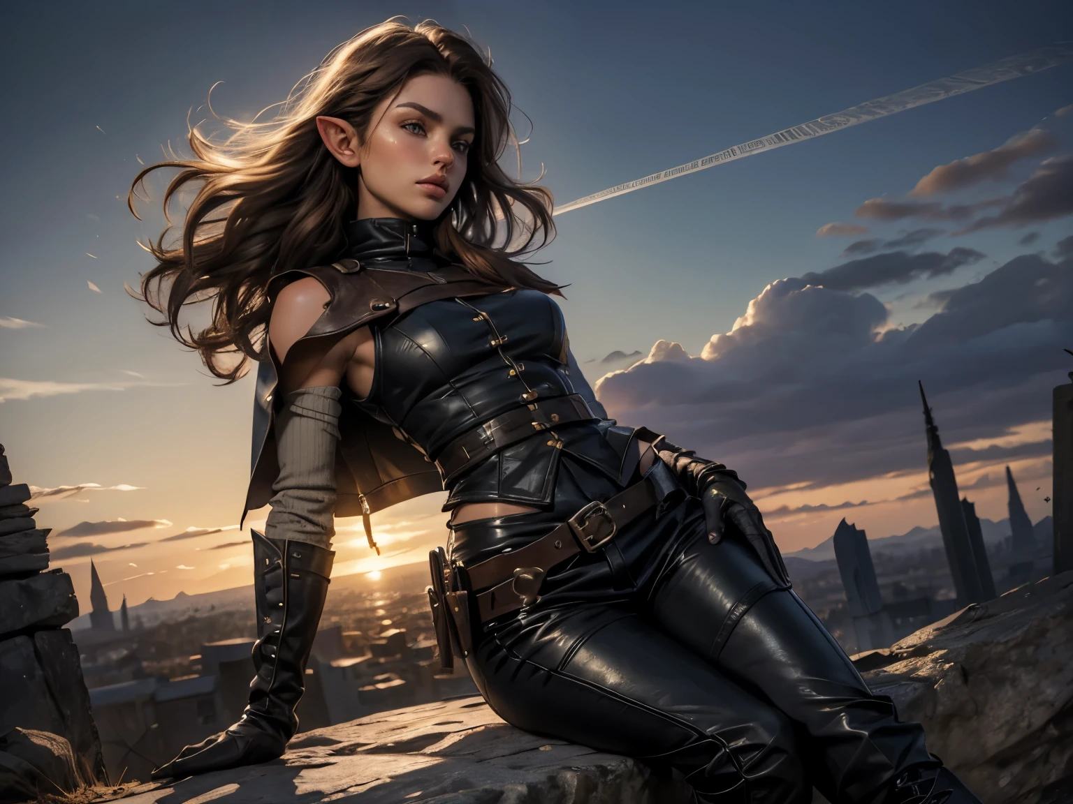 ((Medieval fantasy setting)). Tags: super detail, high details, high quality, best quality, highres, 4K, portret, detailed face, face fix, 1girl
"Echo is a 22-year-old half-elf. She has light brown skin. Thick light chestnut hair with caramel highlights and soft waves. Brown eyes with green hues. Her beautiful face is oval with soft features and pronounced cheekbones. She has full and attractive lips with a natural blush. A slight scar over her right eyebrow. Her ears are small like a human's but pointed like an elf's. Her physique is athletic and slim, she toned and flexible. She has a round and elastic body shapes."
Clothing.Vest: Black leather vest, thin but strong. The vest fits the body, emphasizing the athletic physique. Fastens with laces in the front, which allows you to quickly take it off or put it on. There are leather straps on the shoulders and sides for additional fixation.
Pants: Lightweight black leather pants that fit the hips without restricting movement. On the hips - small pockets for throwing knives that close with buttons.
Gloves: Soft leather gloves that protect the hands and wrists, but do not restrict the fingers. Black, without unnecessary decorative elements.
Boots: Lightweight mid-calf leather boots in black, with soft soles for silent movement. The daggers are hidden in the inside pockets of the boots.
Background: stone ruins, bloody sunset.