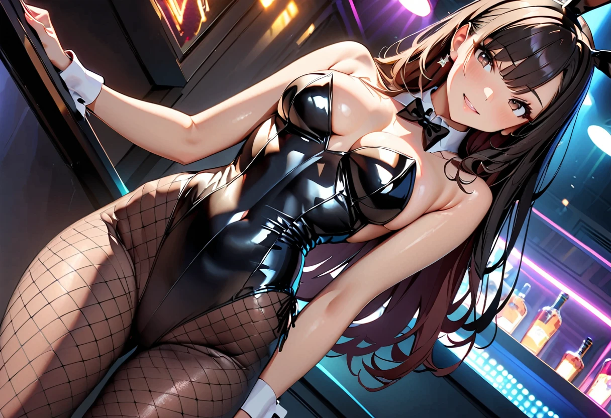 (Highest quality:1.2, Attention to detail, masterpiece:1.2, Best aesthetics), (1 girl), Cowboy Shot, ((Playboy Bunny, Fishnet tights:1.2, Bunny ears, ハイレグ leotard, 黒leotard:1.1, leotard)), (Black Hair, Long Hair, Asymmetrical bangs, Dark brown eyes), 美しいAttention to detail目, Beautiful lip detail, Highly detailed face, Detailed Fashion, elegant, luxury, High quality fabric, Shine, Shine, smile, Random Pause, Dutch Angle, bar, Nightclub, night, Dramatic lighting, Cinematic, Bright colors, Intricate details, Chiaroscuro lighting.