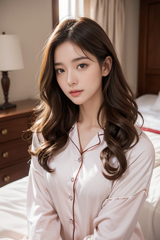 Highest quality、4K、Perfect Face、Perfect Style、Sunburn、beautiful、Cotton Pajamas、mature、Long curly brown hair、Hair shed back、whole body, In the bedroom、No makeup、In the morning、sexy 、Charm、healthy