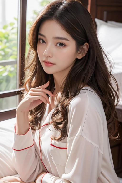 Highest quality、4K、Perfect Face、Perfect Style、Sunburn、beautiful、Cotton Pajamas、mature、Long curly brown hair、Hair shed back、whole body, In the bedroom、No makeup、In the morning、sexy 、Charm、healthy
