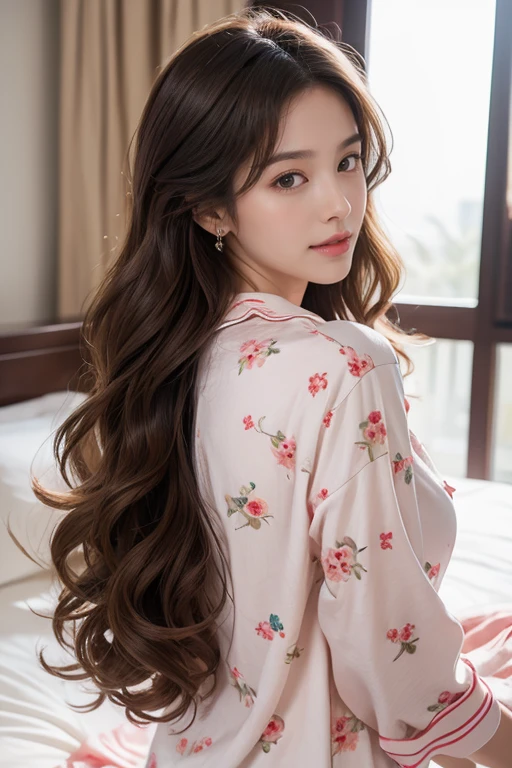 Highest quality、4K、Perfect Face、Perfect Style、Sunburn、beautiful、Cotton Pajamas、mature、Long curly brown hair、Hair shed back、whole body, In the bedroom、No makeup、In the morning、sexy 、Charm、healthy