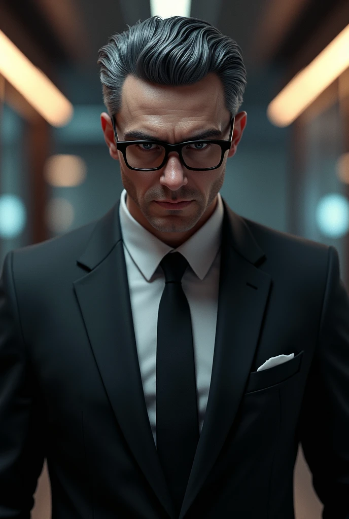 A men in his thirties, with middle part peppered hair, stoic and cold face, pairs of glasses and black eyes, in a beautiful suit, like a Jinx character